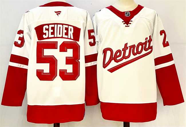 Men%27s Detroit Red Wings #53 Moritz Seider White Red 2024-25 Stitched Jersey